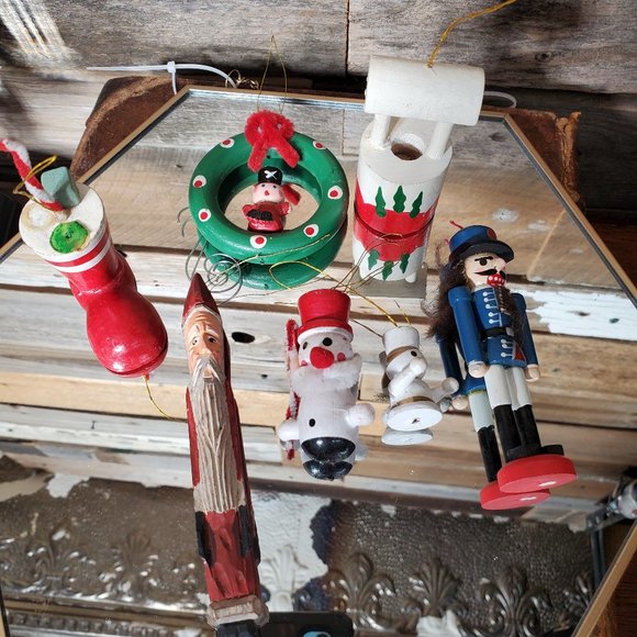 Vintage Handpainted Wooden Christmas Ornaments - Bundle of 7. - Picture 1 of 6